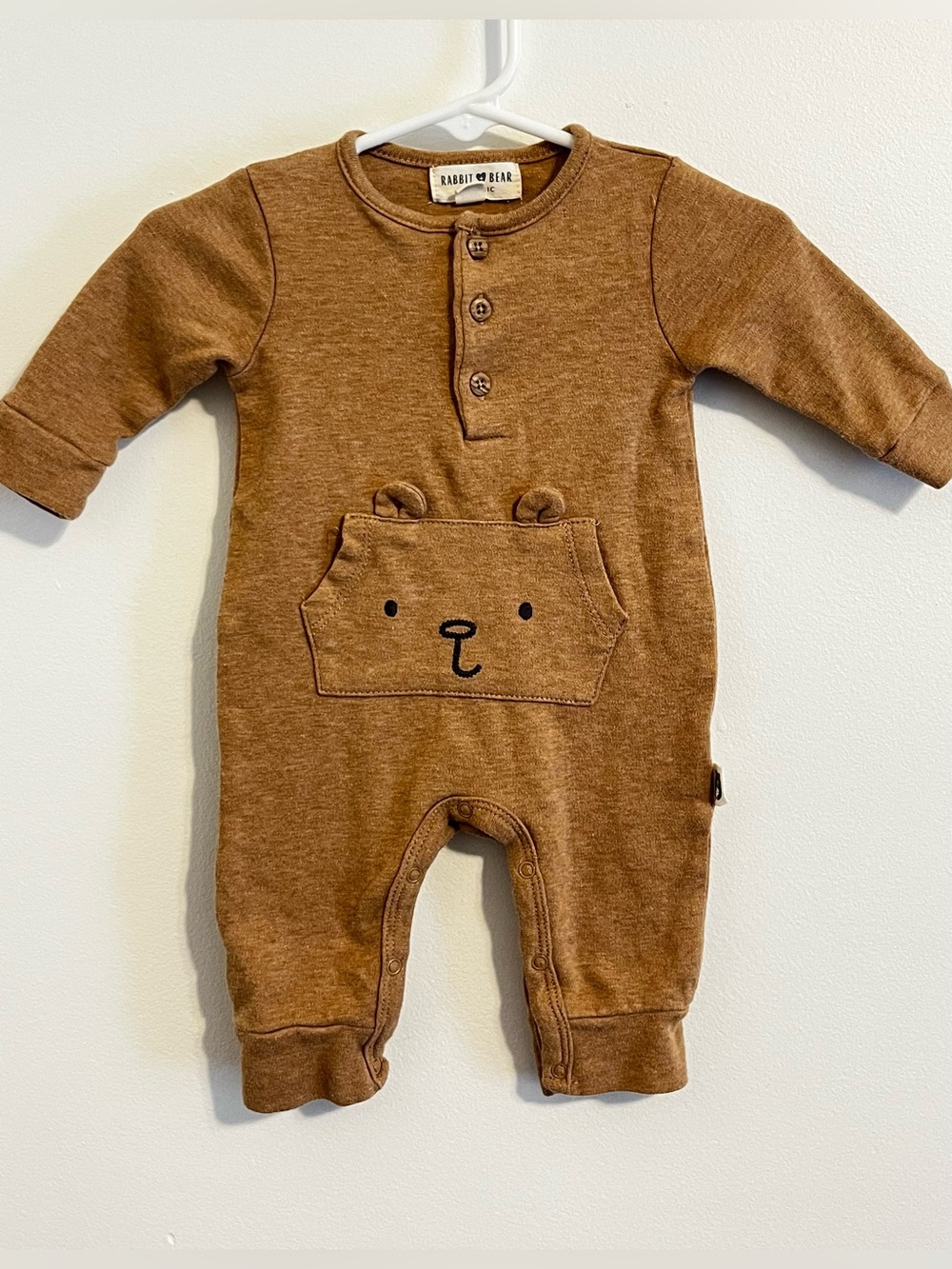 Rabbit + Bear Organic Cotton Bear Romper One Piece Pocket Brown Henley 0-3mo